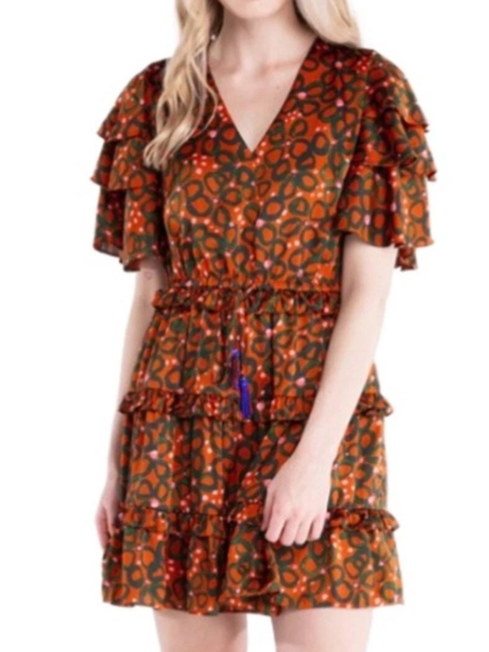 Alden Adair Orange Green Disco Floral Beaded Tie Sabrina Dress, Size Medium